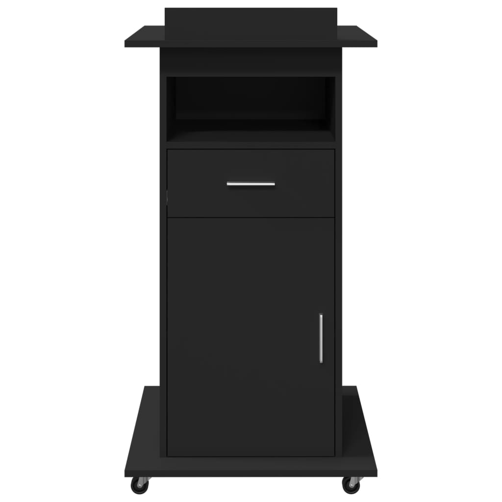 Black Engineered Wood Lectern with Wheels & Drawer, 55x55x107 cm