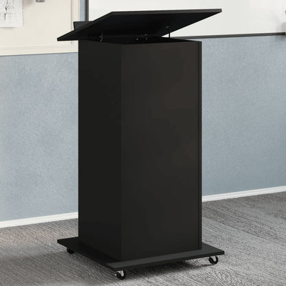 Black Engineered Wood Lectern with Wheels & Drawer, 55x55x107 cm