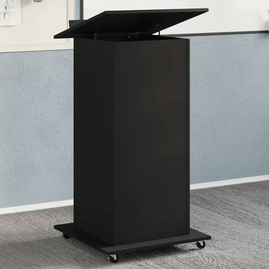 Black Engineered Wood Lectern with Wheels & Drawer, 55x55x107 cm