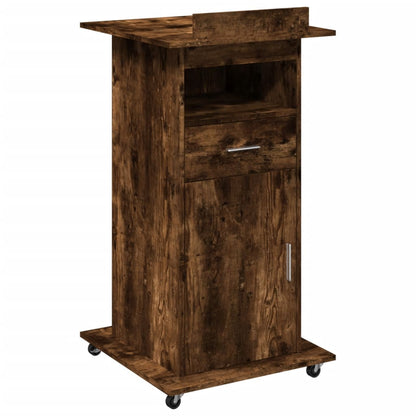 Mobile Lectern with Drawer, Smoked Oak Finish, 55x55x107 cm