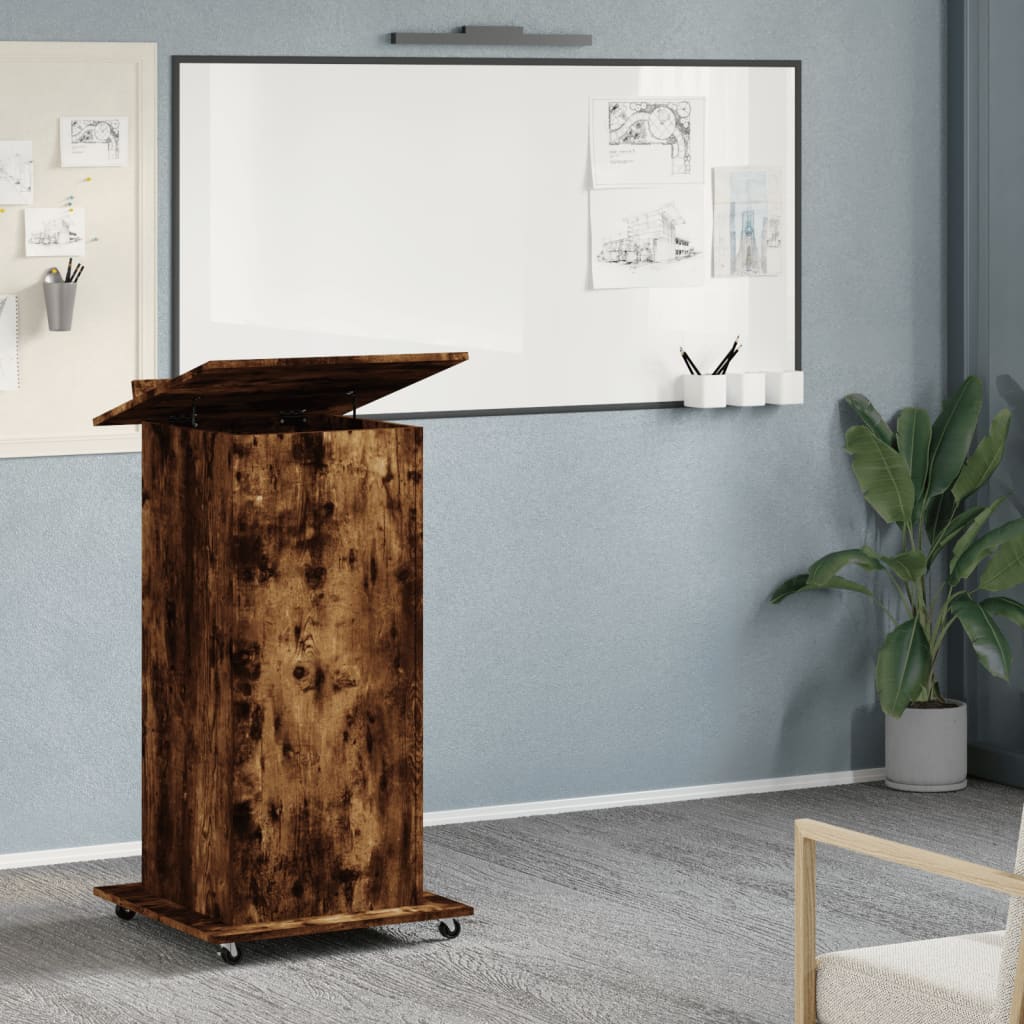 Mobile Lectern with Drawer, Smoked Oak Finish, 55x55x107 cm