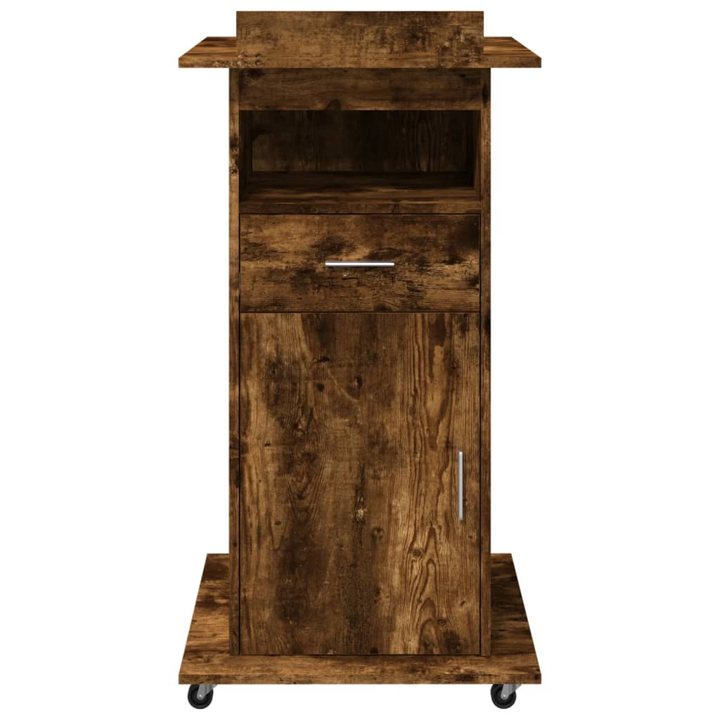 Mobile Lectern with Drawer, Smoked Oak Finish, 55x55x107 cm
