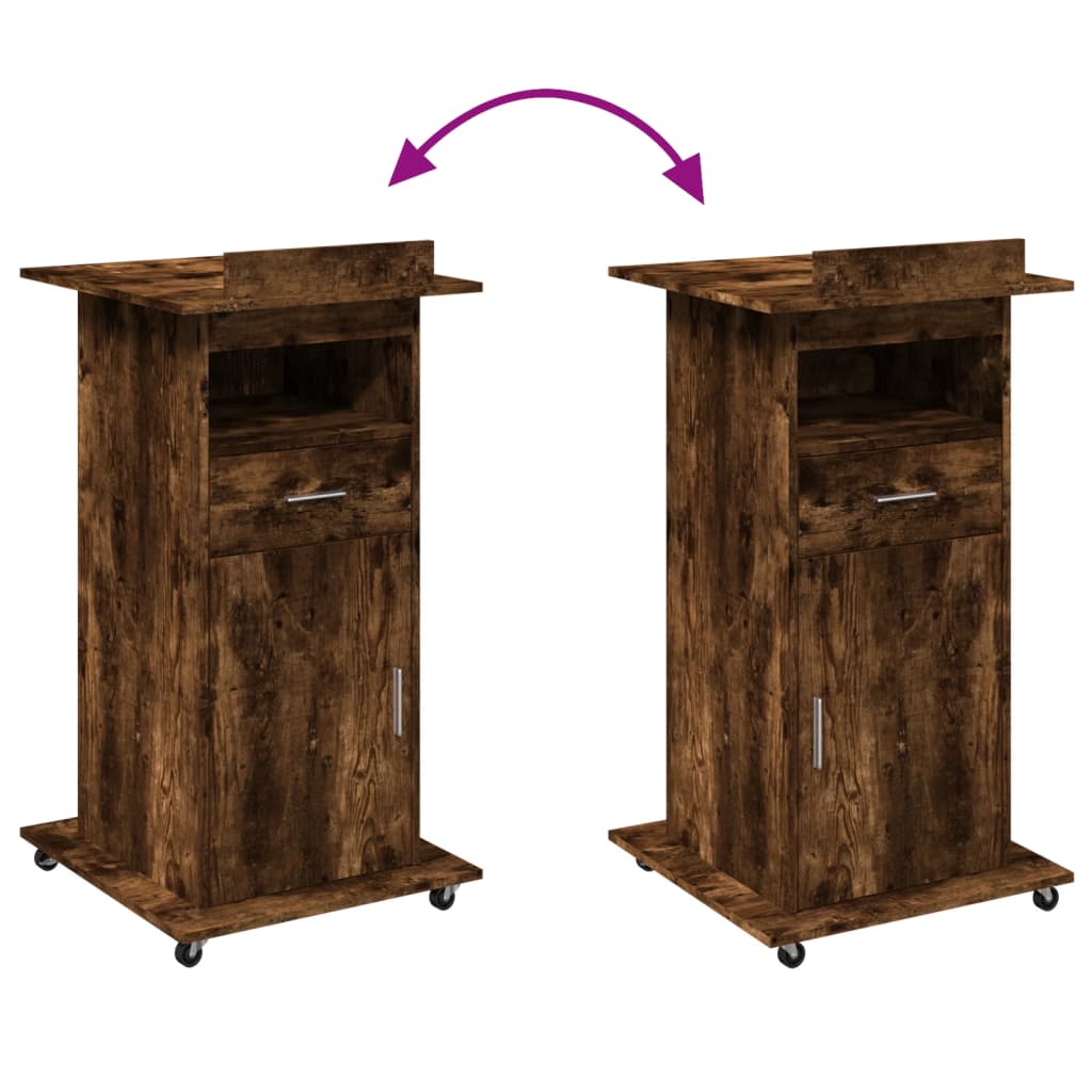 Mobile Lectern with Drawer, Smoked Oak Finish, 55x55x107 cm