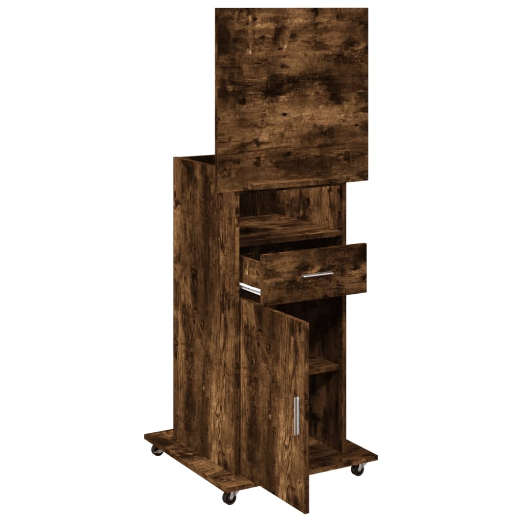 Mobile Lectern with Drawer, Smoked Oak Finish, 55x55x107 cm
