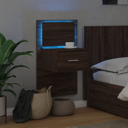 Brown Oak Wall-Mounted Bedside Cabinet with LED Lights