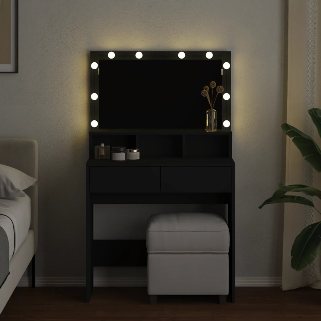 Sleek Black Dressing Table 80x41x134.5 cm with LED Mirror