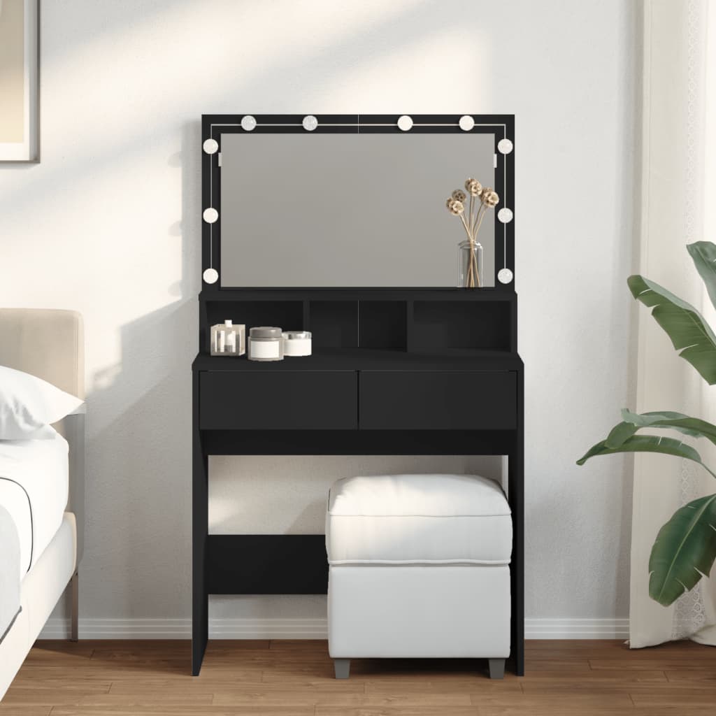 Sleek Black Dressing Table 80x41x134.5 cm with LED Mirror