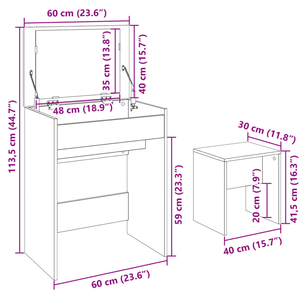 Sonoma Oak Dressing Table & Stool Set - Compact 60x40x113.5 cm