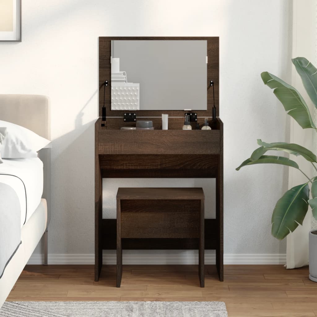 Brown Oak Dressing Table & Stool Set - 60x40x113.5 cm