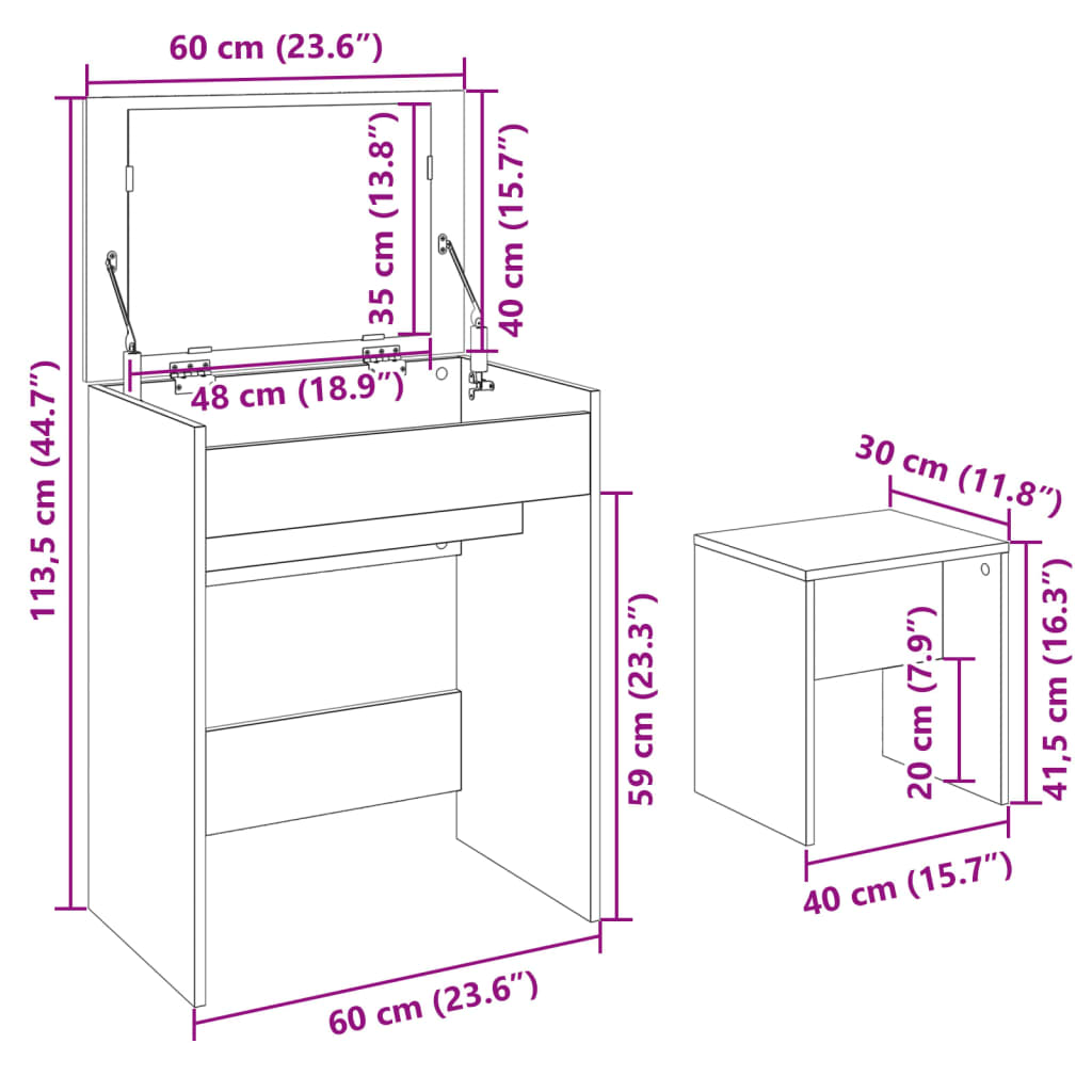 Brown Oak Dressing Table & Stool Set - 60x40x113.5 cm
