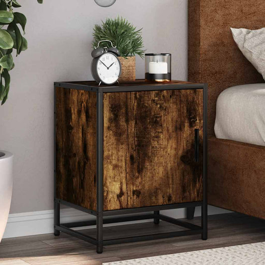 Smoked Oak Bedside Cabinet - 40x31x50cm Engineered Wood & Metal