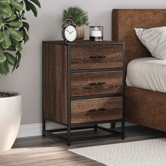 Brown Oak Bedside Cabinet, 40x34.5x60 cm, Engineered Wood & Metal