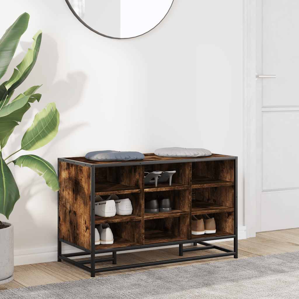 Smoked Oak Shoe Bench - Engineered Wood & Metal, 84x40x53.5 cm