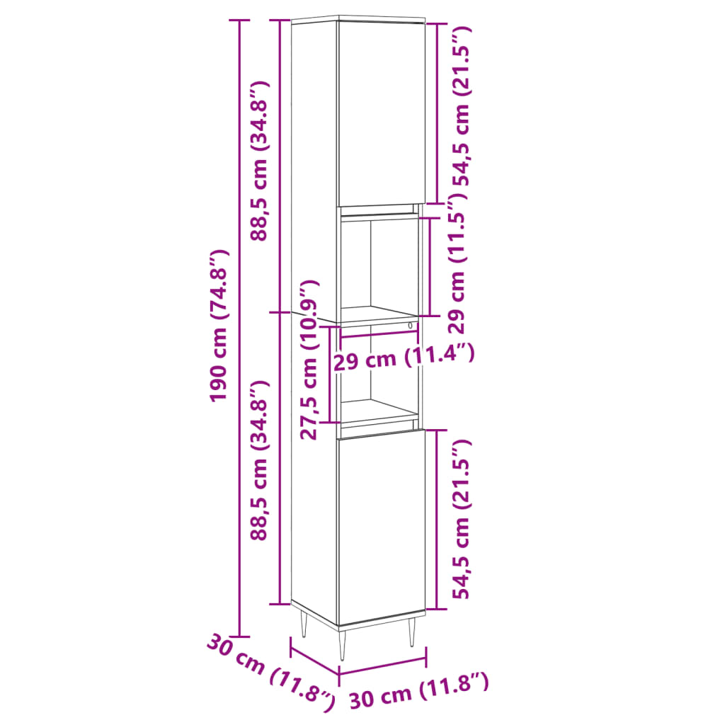 Sonoma Oak Bathroom Cabinet, 30x30x190cm - Engineered Wood