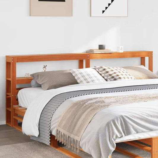 Solid Pine Wood Headboard with Shelves 200cm - Wax Brown Finish