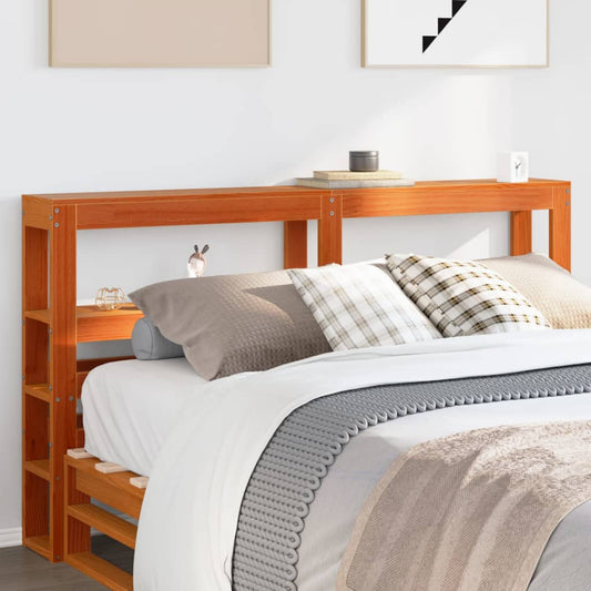 Solid Wood Pine Headboard with Shelves, Wax Brown, 135 cm