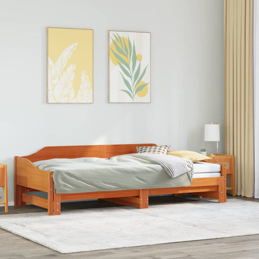 Wax Brown Solid Wood Daybed with Trundle, 90x200 cm, No Mattress