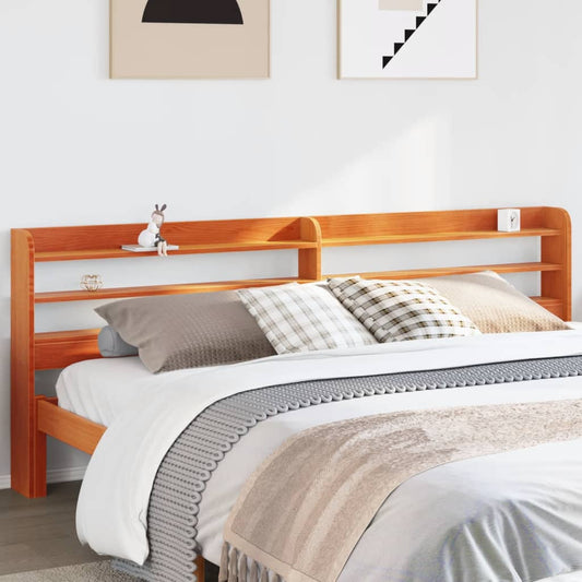Solid Pine Wood Headboard with Shelves, Wax Brown, 180 cm