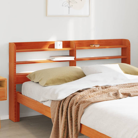 Solid Pine Wood Headboard with Shelves, Wax Brown, 135 cm