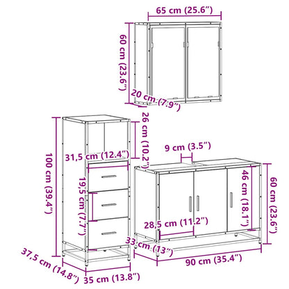 3 Piece Bathroom Furniture Set Smoked Oak Engineered Wood