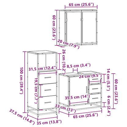 3 Piece Bathroom Furniture Set Brown Oak Engineered Wood