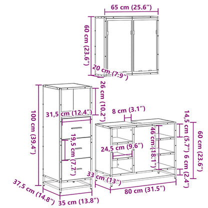 3 Piece Bathroom Furniture Set Smoked Oak Engineered Wood