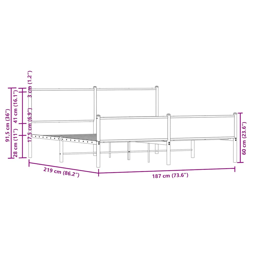 Metal Bed Frame without Mattress Brown Oak 183x213 cm
