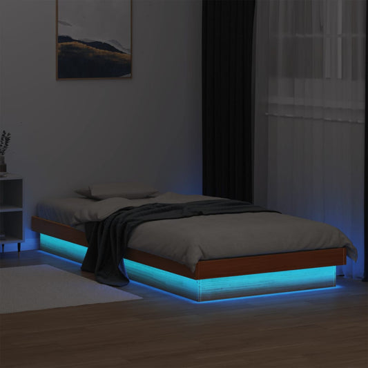 Wax Brown LED Bed Frame, Solid Wood, 75x190cm, No Mattress