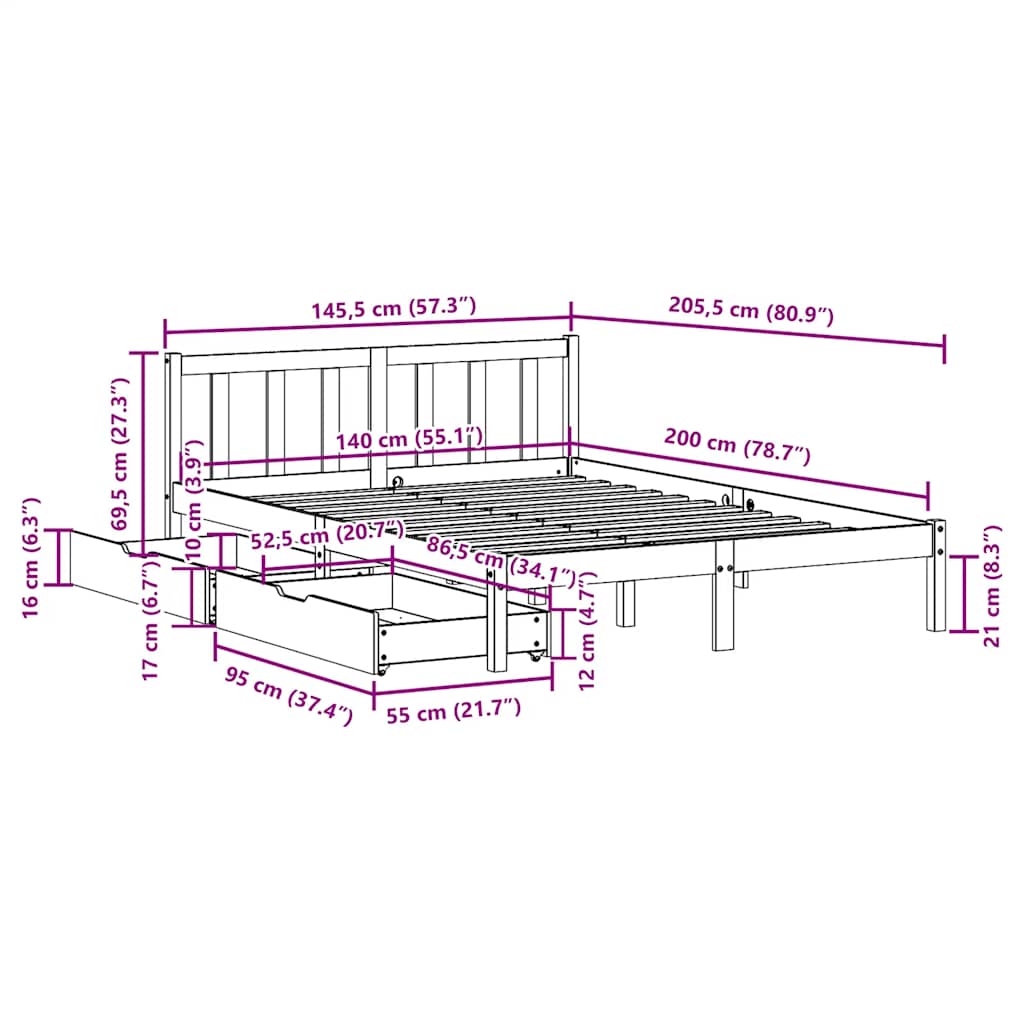 Bed Frame without Mattress 140x200 cm Solid Wood Pine
