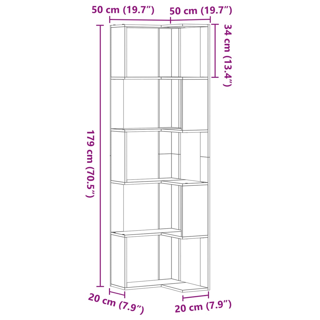 Sonoma Oak 5-Tier Corner Bookcase, 50x50x179 cm, Engineered Wood