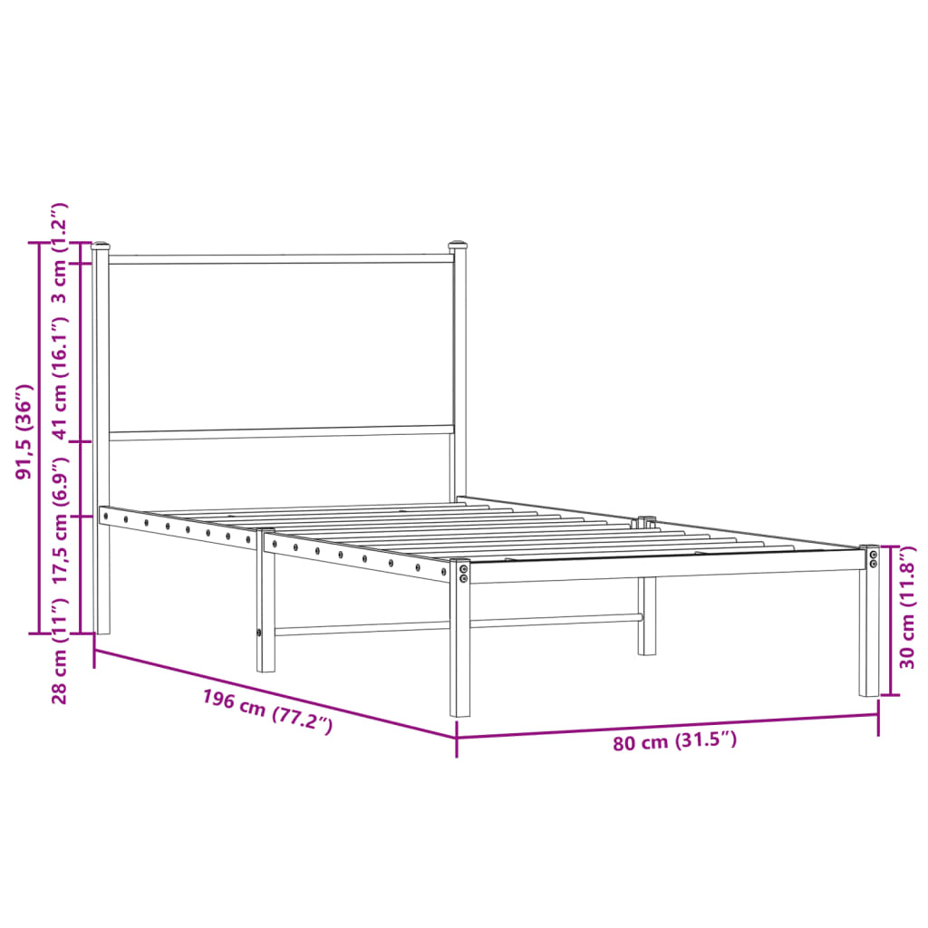 Smoked Oak Metal Bed Frame 75x190cm - Small Single