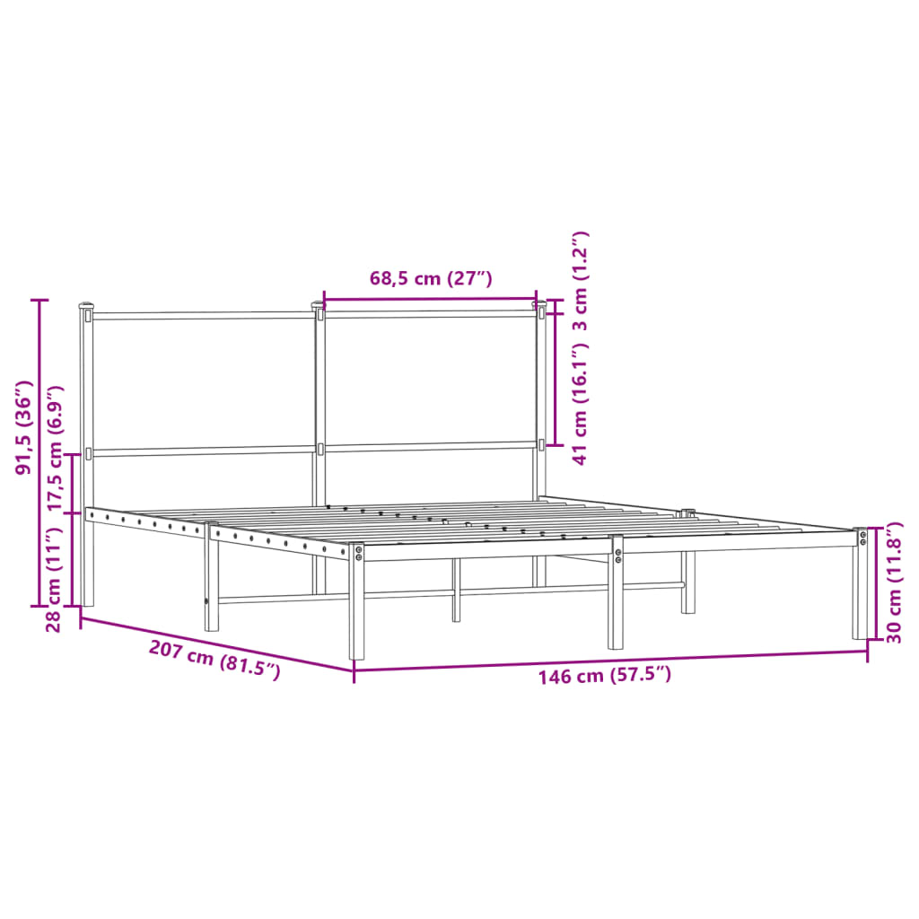Metal Bed Frame without Mattress Smoked Oak 140x200 cm