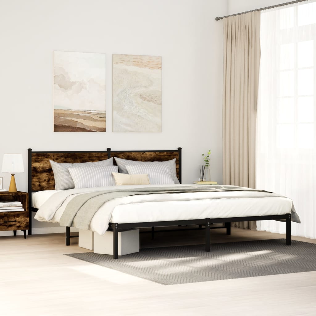 Elegant Smoked Oak Metal Bed Frame 160x200 cm - No Mattress