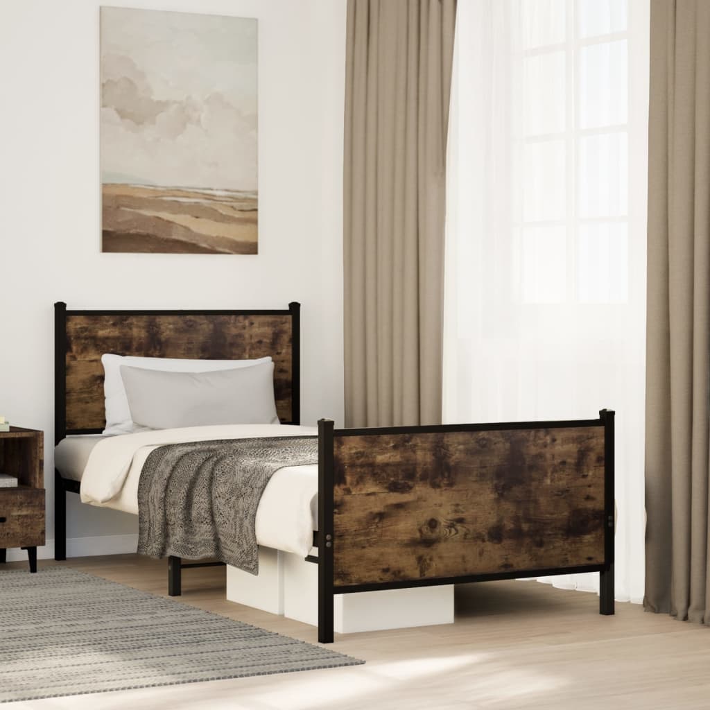 Smoked Oak Metal Bed Frame 90x190 cm Single - No Mattress