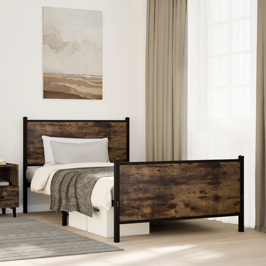 Smoked Oak Metal Bed Frame 100x190 cm - No Mattress Included