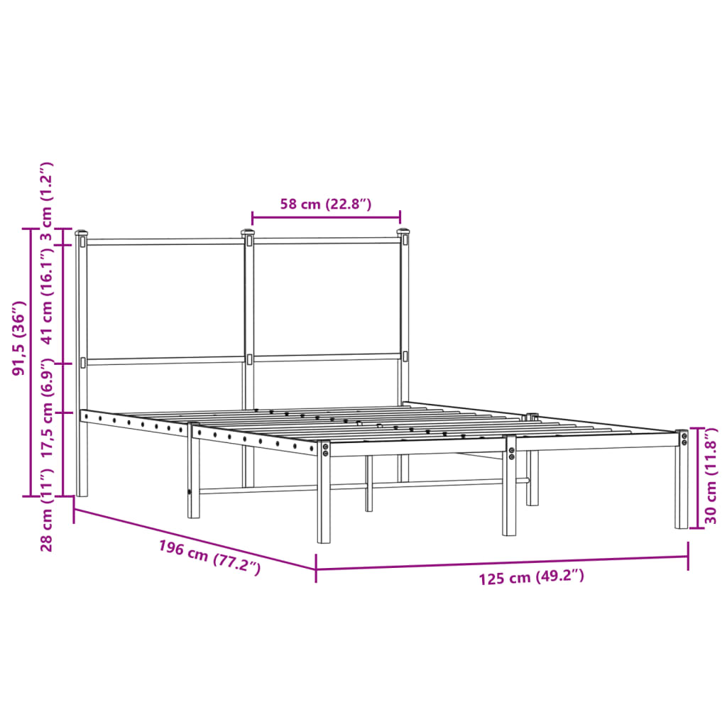 Sonoma Oak Metal Bed Frame 120x190 cm - Small Double Size