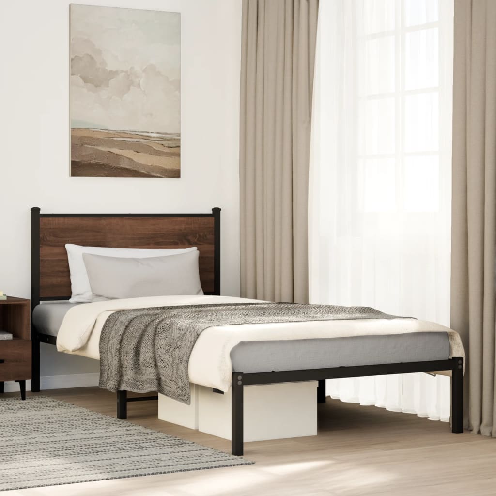 Brown Oak Metal Bed Frame 100x190 cm - Mattress Not Included