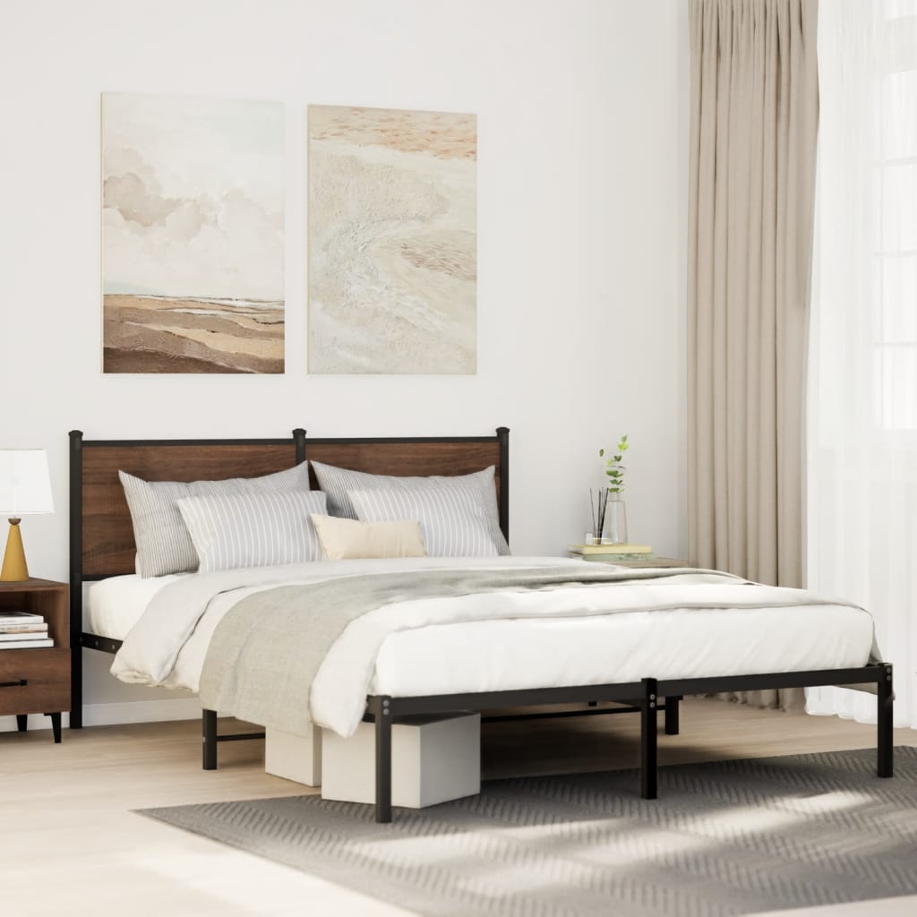Brown Oak Metal Bed Frame 140x190 cm - Sturdy & Stylish Design