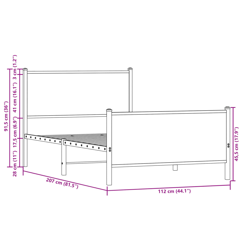 Metal Bed Frame without Mattress Brown Oak 107x203 cm