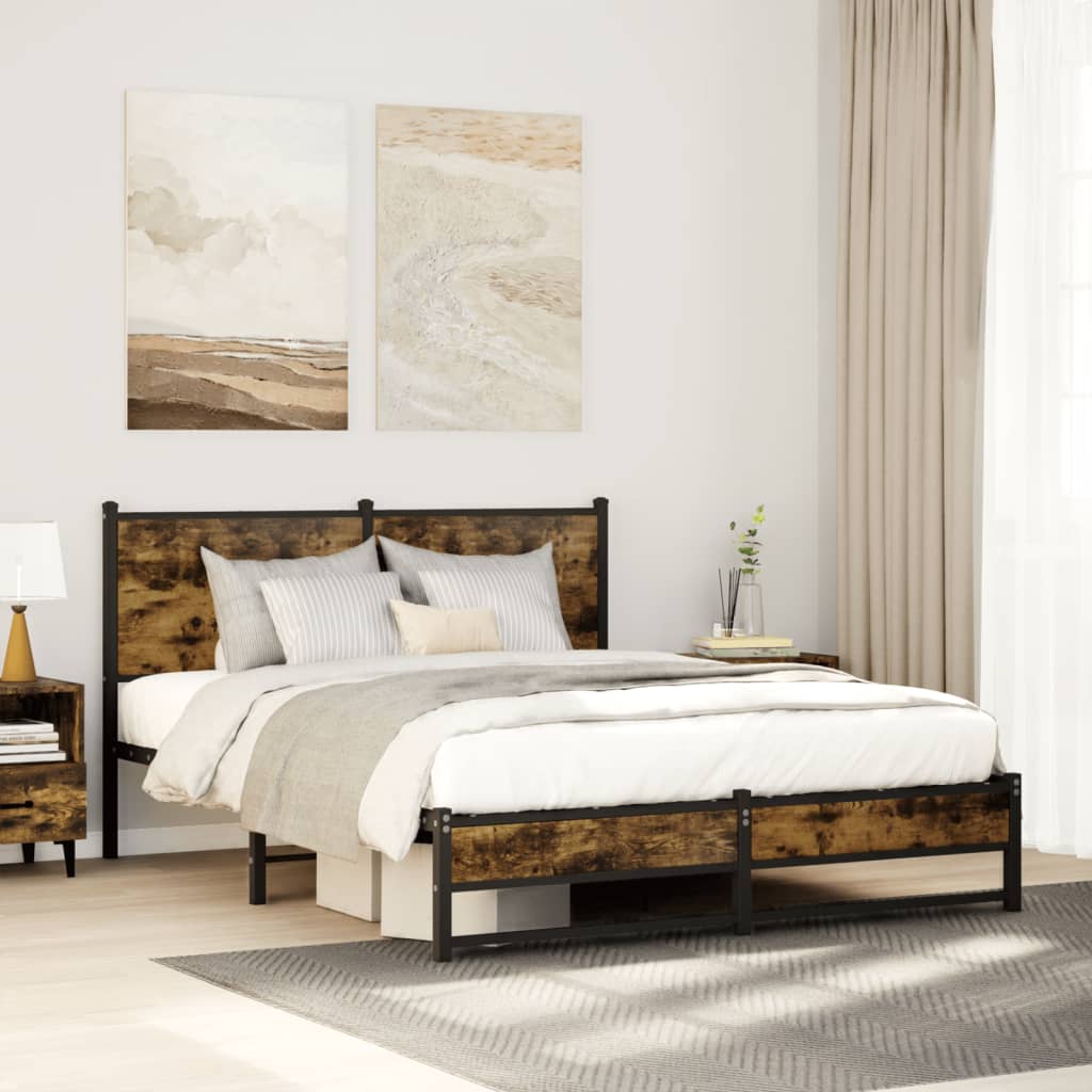 Smoked Oak Metal Bed Frame 137x190 cm - Mattress Not Included