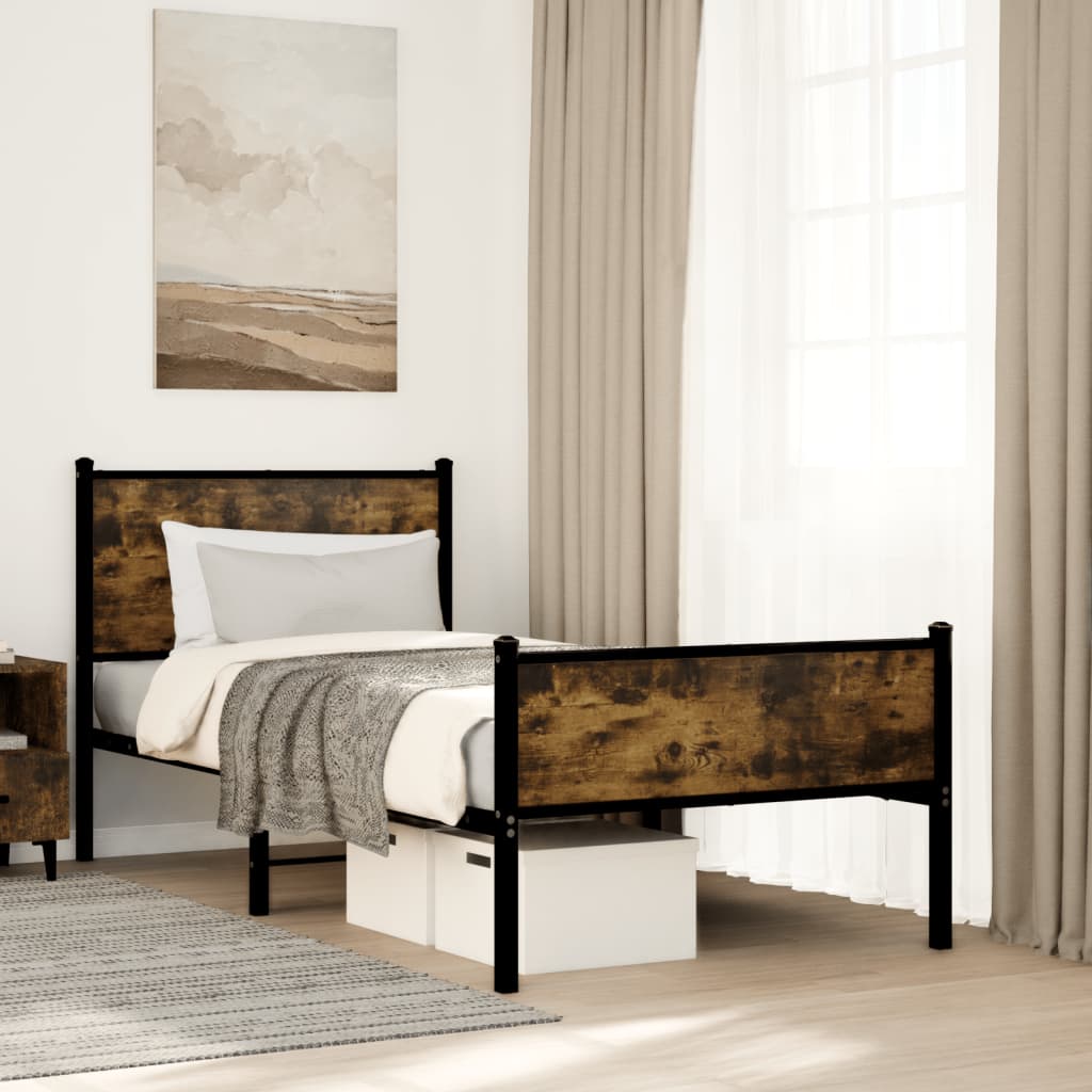 Stylish Smoked Oak Metal Bed Frame 80x200 cm - No Mattress
