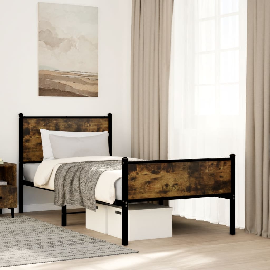 Smoked Oak Metal Bed Frame 90x200 cm - Stylish and Durable