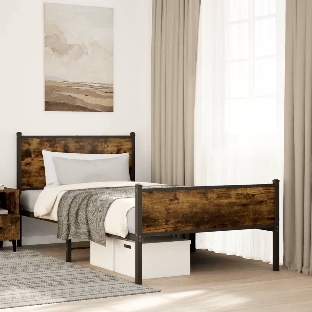 Smoked Oak Metal Bed Frame 100x200 cm - No Mattress Included