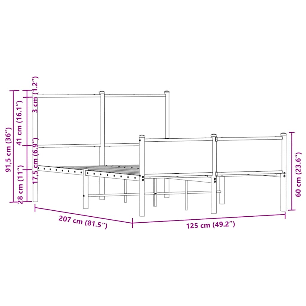 Smoked Oak Metal Bed Frame 120x200 cm - Stylish & Durable