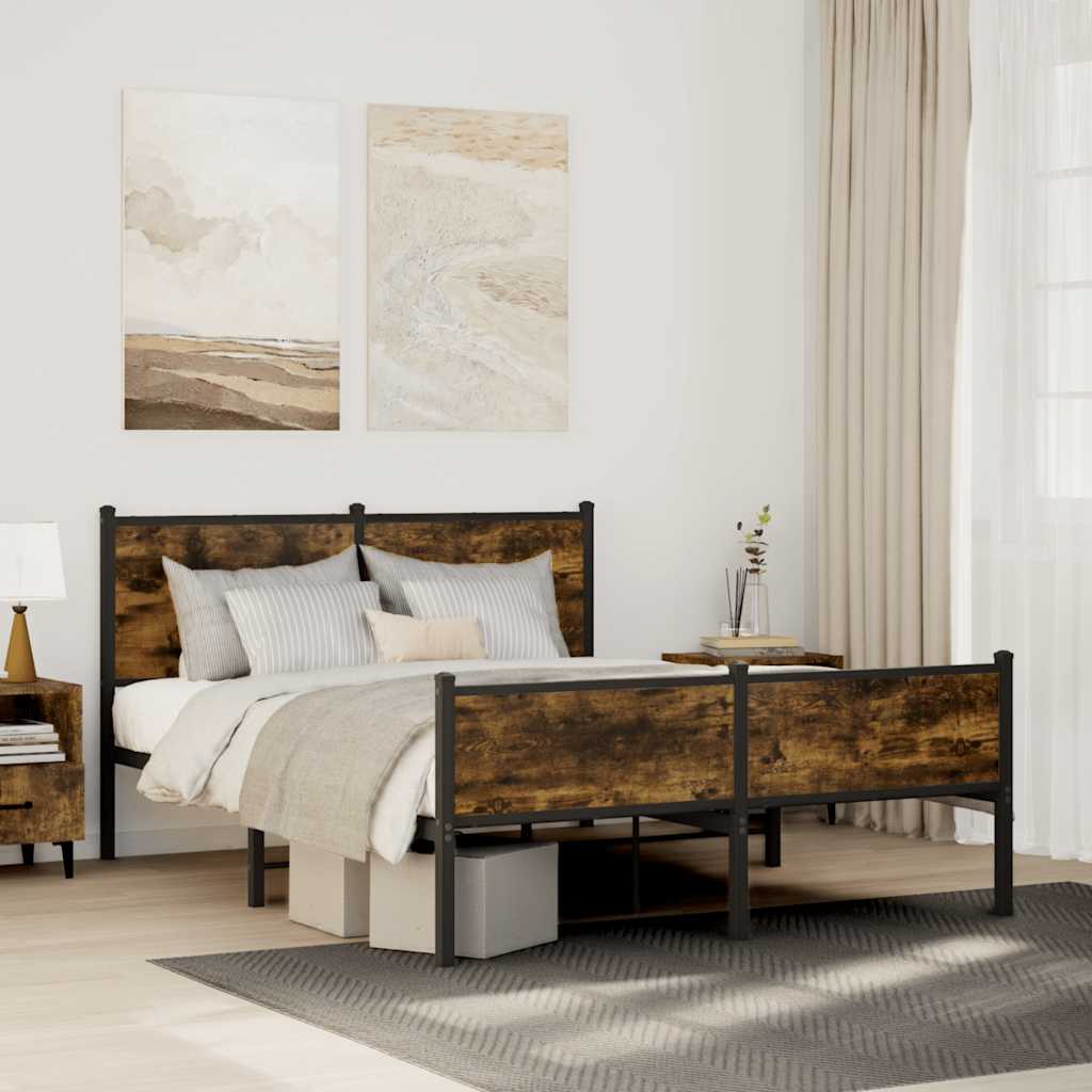 Smoked Oak Metal Bed Frame 140x200 cm - Durable & Stylish Design