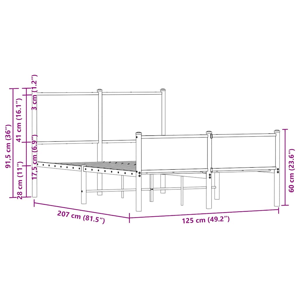 Sonoma Oak Metal Bed Frame 120x200 cm - No Mattress Included
