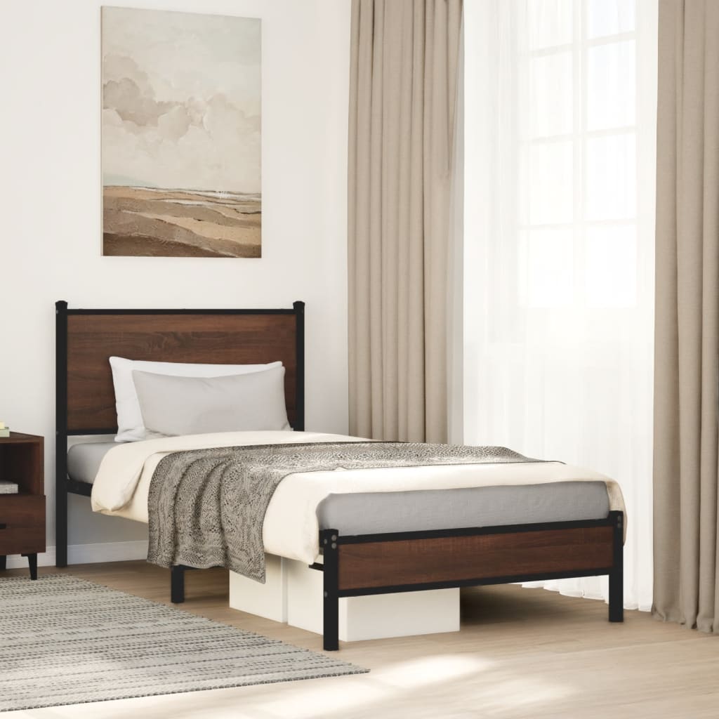 Brown Oak Metal Bed Frame 80x200 cm - Sturdy & Elegant Design