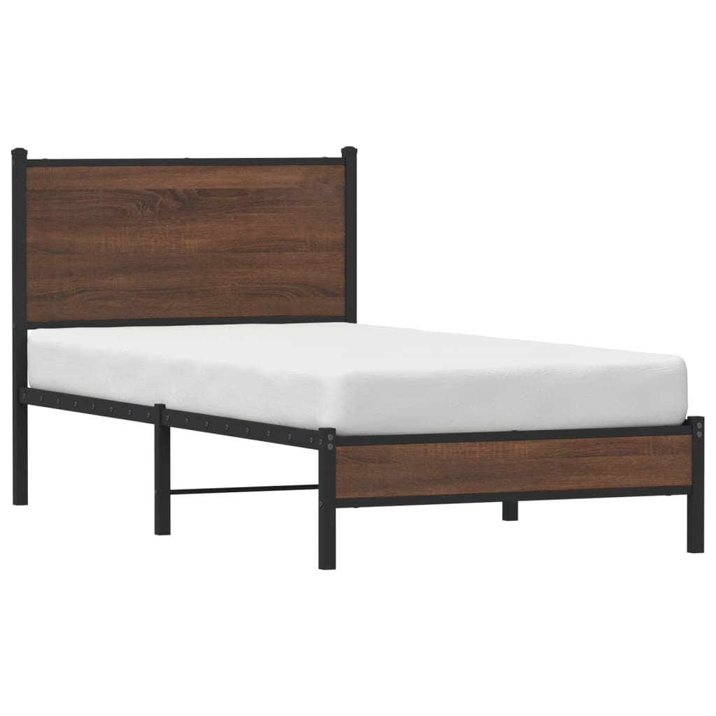 Single Metal Bed Frame, Brown Oak Finish, 90x190 cm - No Mattress
