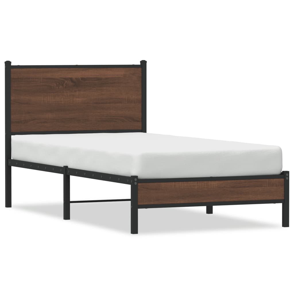 Brown Oak Metal Bed Frame 90x200 cm - Durable & Stylish Design