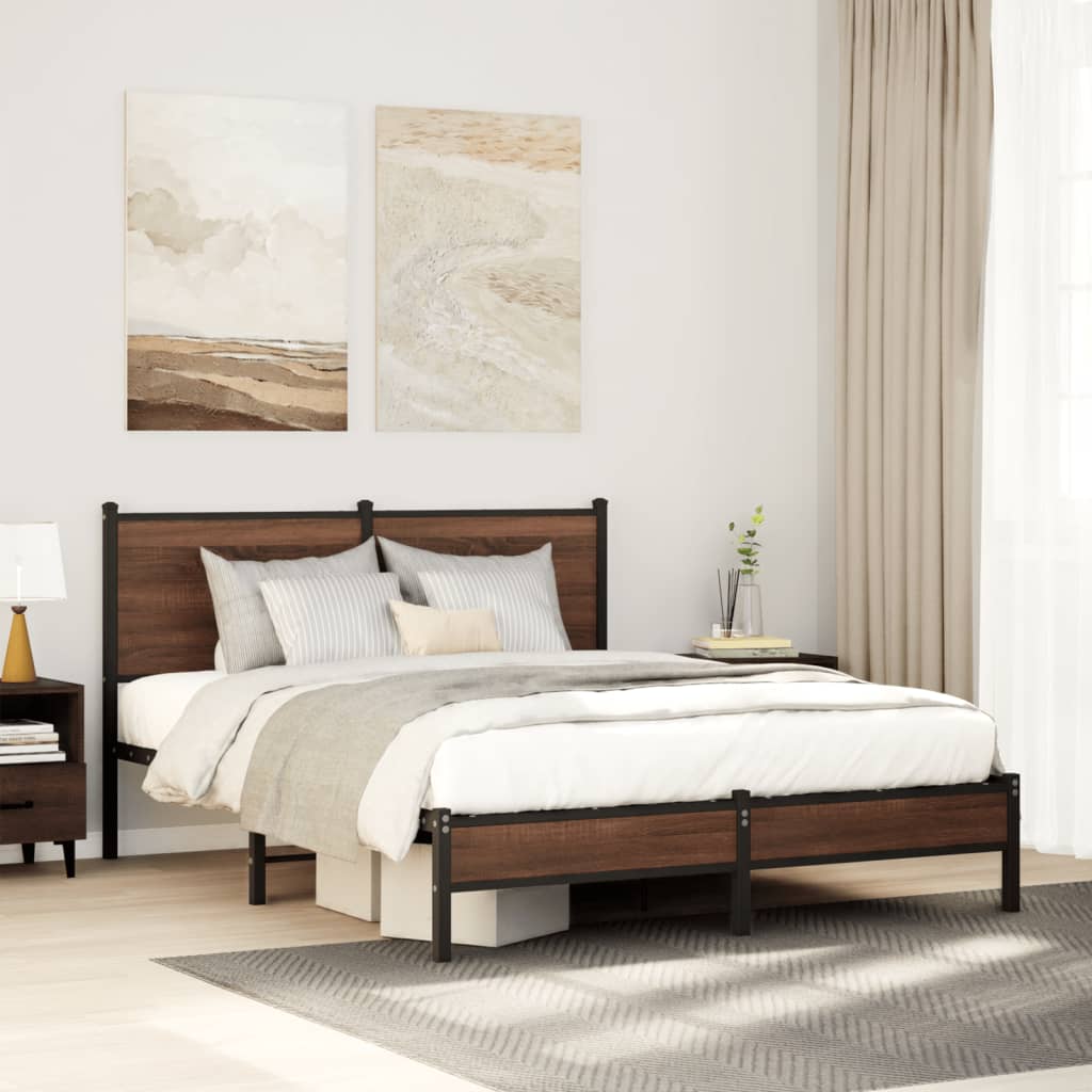 Brown Oak Metal Bed Frame 140x200 cm - Durable & Stylish Design